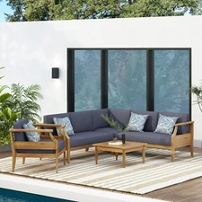 Bianca Outdoor Mid-Century Modern Acacia Wood 5 Seater Sectional Chat Set with C