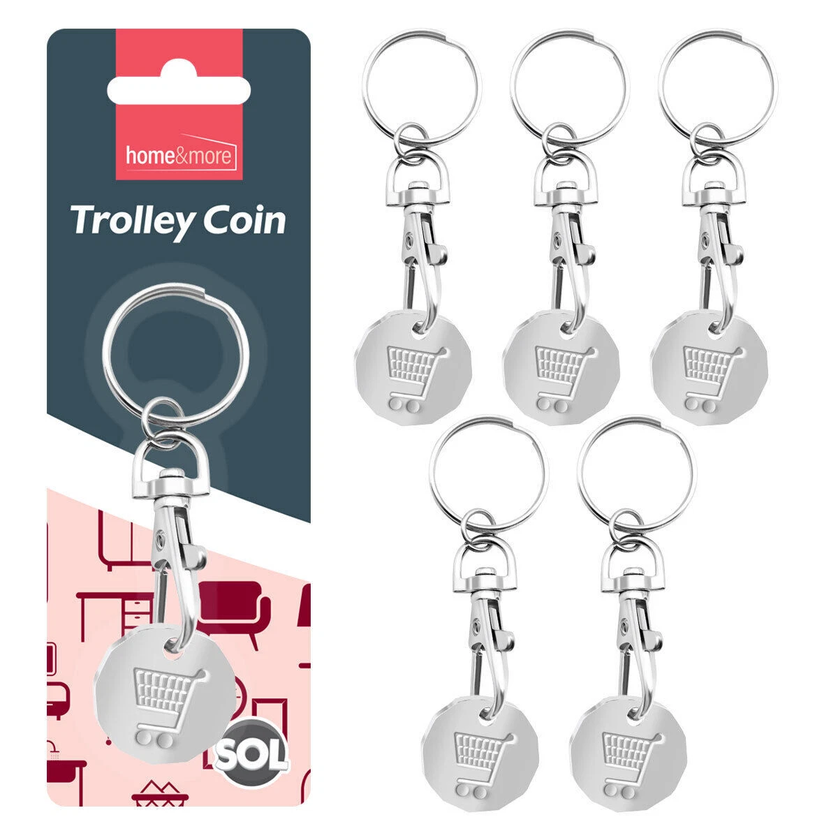 6 Trolley Coin Keyring Removable Supermarket 1 Pound Shopping Cart Token Holder