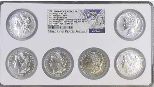2021 Morgan and Peace Silver Dollar 6-Coin Set MS69 NGC All D,  CC , S ,  P , O