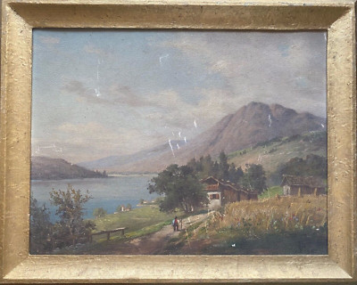 ::OIL PAINTING INDISTINCT. MONOGR. 1893 ALPINE LANDSCAPE WITH LAKE HOUSE AND HIKER