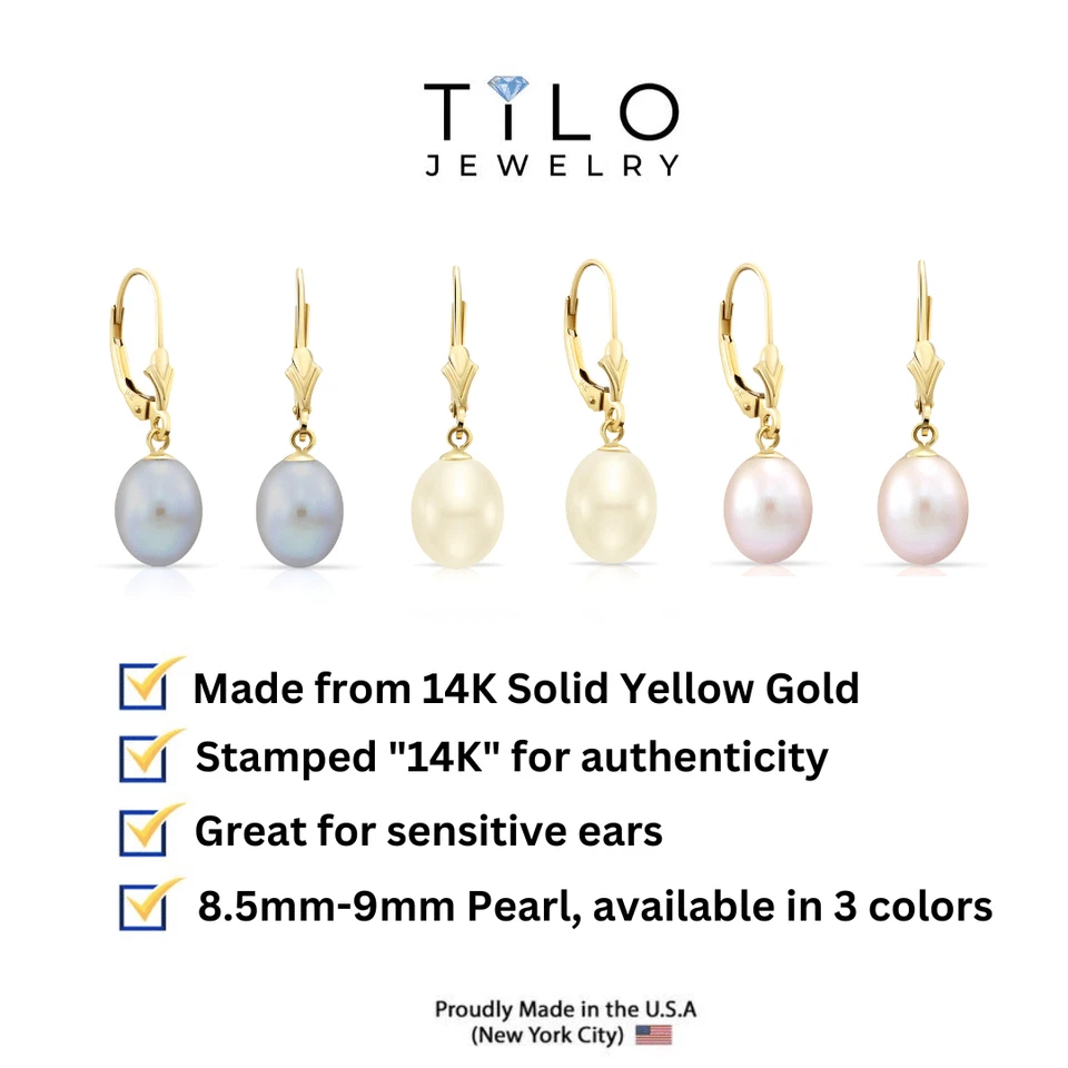 Pendientes colgantes de perlas de agua dulce ovaladas naturales de oro amarillo macizo de 14K de 8,5-9 mm Foto 2 de 4