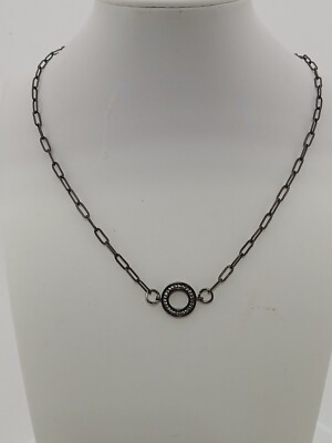 Signed BOHO BABES gunmetal clear crystals dainty open circle pendant necklace 