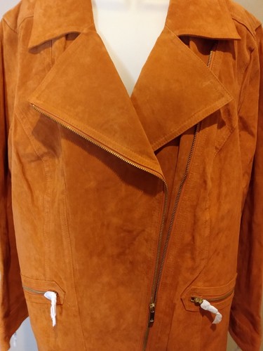 NWT ORANGE SUEDE MOTORCYCLE MOTO JACKET WOMEN SZ 1X DENNIS BASSO WASHABLE LINED - Picture 2 of 18