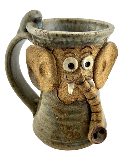 3D Art Pottery Coffee Mug Elephant Head Face Handmade Stoneware Large 5.5”