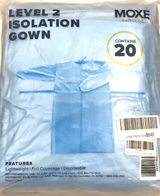 MOXE Level 2 Disposable Lightweight Isolation Gown Blue - 20 Pack One Size/All
