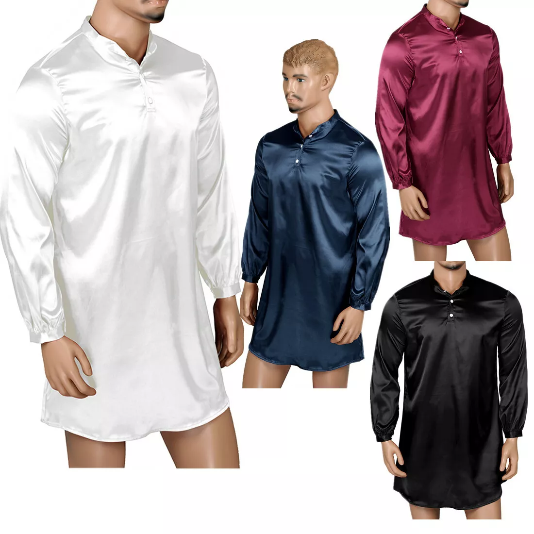 Mens Satin Silk Pajamas Nightwear Long Sleeve Pullover Sleepwear Tees |