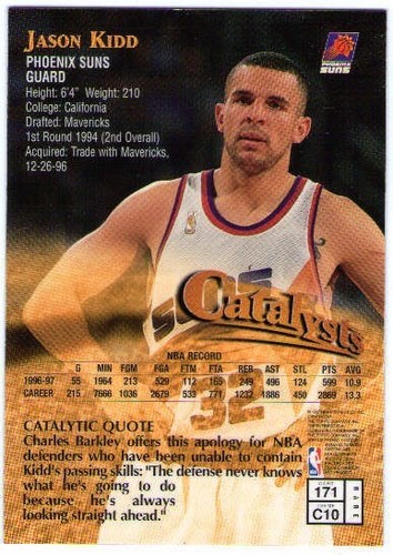 Tarjeta de inserción de cromo JASON KIDD 1997-98 Topps Finest Catalysts #171 - Imagen 2 de 2