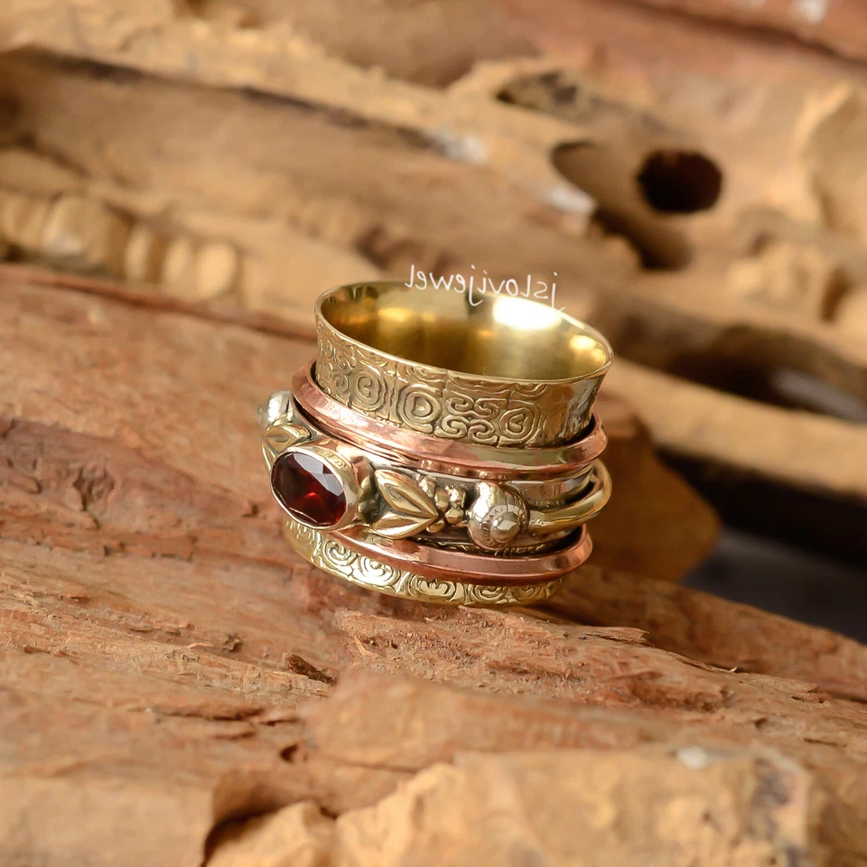 Anillo giratorio de plata de ley 925 con piedras preciosas de corte ovalado granate todas las tallas JL_1793 Foto 3 de 4