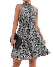 BTFBM Women Halter Neck  Sleeveless Short Ruffle Sundress (Floral Black, Large)