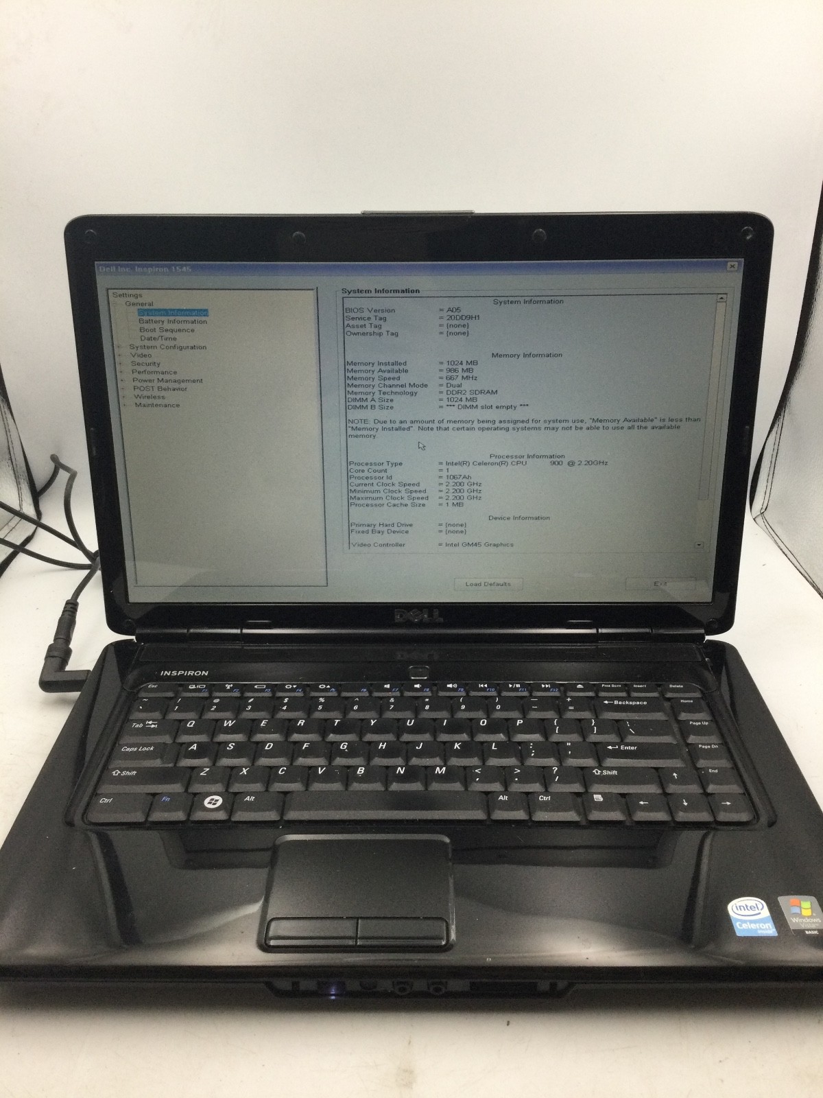 DELL INSPIRON 1545 - BOOTS TO BIOS - INTEL CELERON - NO RAM - READ DESCRIP - BB