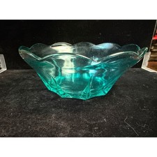 Vintage Teal Glass Scalloped Bowl Aqua Blue G...