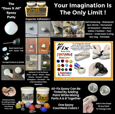 ALL FIX MOLD-ABLE EPOXY PUTTY CURES ROCK HARD SHAPES COLOR BLEND FILLS SEALS 8oz