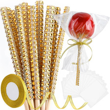24 Pack Gold Glitter Bling Candy Apple Sticks with Bags Set