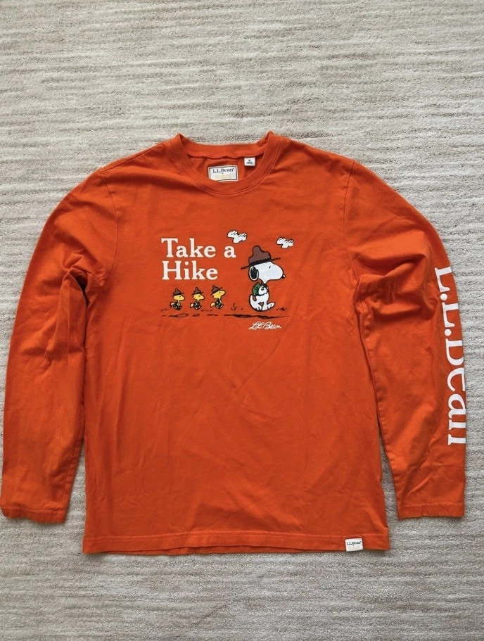 LL Bean x Peanuts Shirt Mens Large Orange Pullover Snoopy Take a Hike Limited