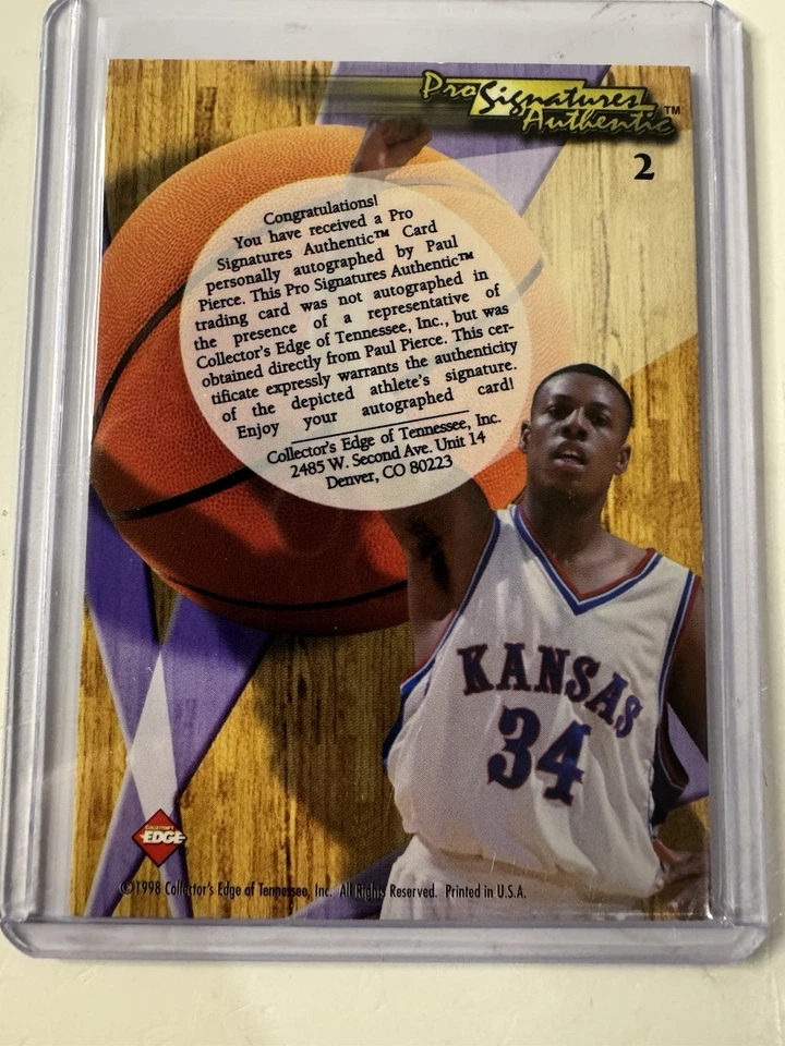1998 Collector's Edge Pro 签名 #2 Paul Pierce 新秀凯尔特人队签名 RC 名人堂 — 第 2/2 张图片
