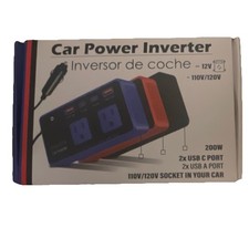200W Car Power Inverter 12V to 110V/120V 2x USB C 2x USB A 2x AC Outlet
