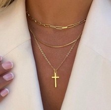 Gold 3pc Cross Pendant Layered Necklace Set