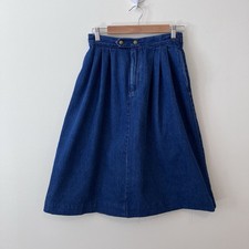 VTG Denim Midi Skirt Sz. 14 Button Fly Pleated Elastic Back Modest Prairie -Read