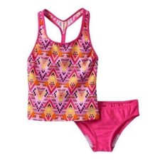 Girls Speedo Swimsuit 14 Pink Geo 2 Pc Racerback Tankini  Scoop Bikini