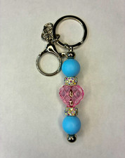 Beaded Heart Key Chain Keyring Blue Pink Silv...