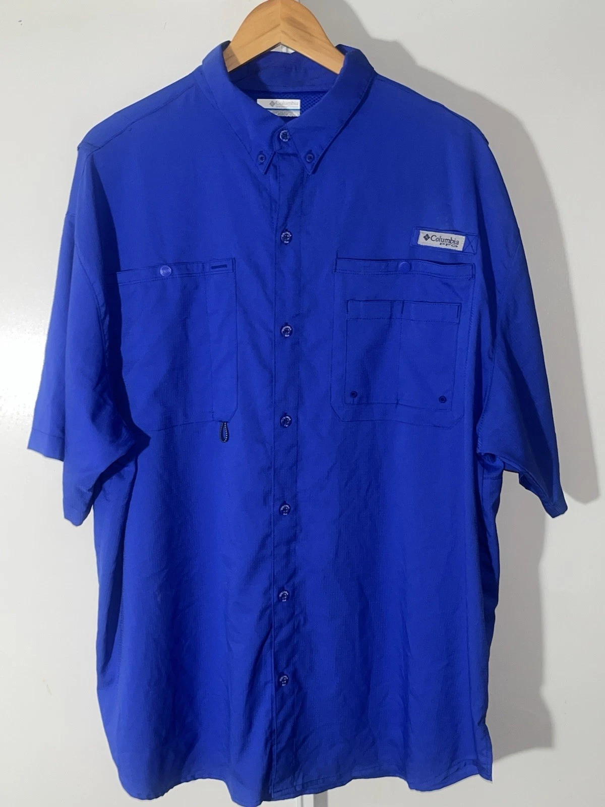 Columbia PFG Omni-Shade Shirt XL Short Sleeve Fishing Hiking Button Up Blue