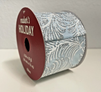 Ribbon Feather Silver Blue 2.5in Wide 25ft Wire Edge Christmas Wreath Winter DIY