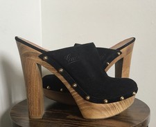 GUCCI Black Suede Gold Studded Joplin Platform Clog Heels Size 39 Style 296258