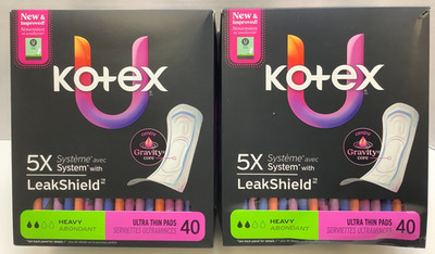 Kotex Ultra Thin Pads w/Leak Shield, Heavy Absorbency, 40 Count, Lot of 2