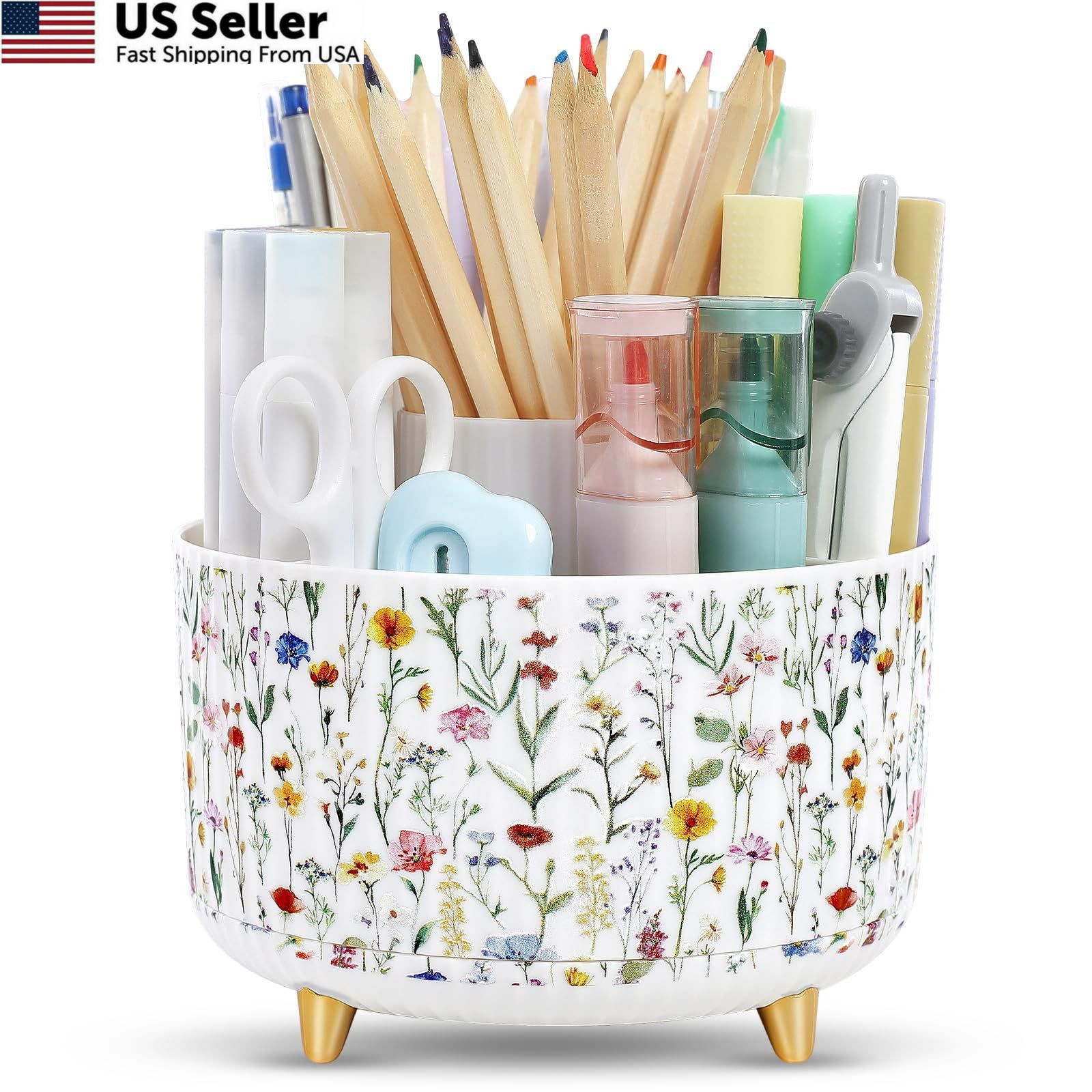 SKYDUE 360 Degree Rotating Desk Organizer, Dual-Purpose Pencil Pen Floral