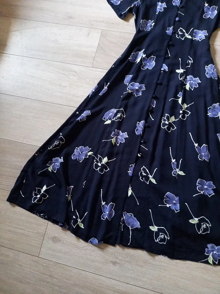 Berkertex Navy Blue Floral Flared Dress Button Up 1980's Vintage Back Tie UK12 - Image 4 of 4