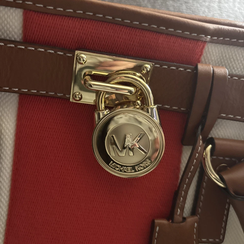 Michael Kors Hamilton полоски ткани средний сумка с короткими ручками красный сумочка коричневый Дамская сумка сумка - Изображение 2 из 4