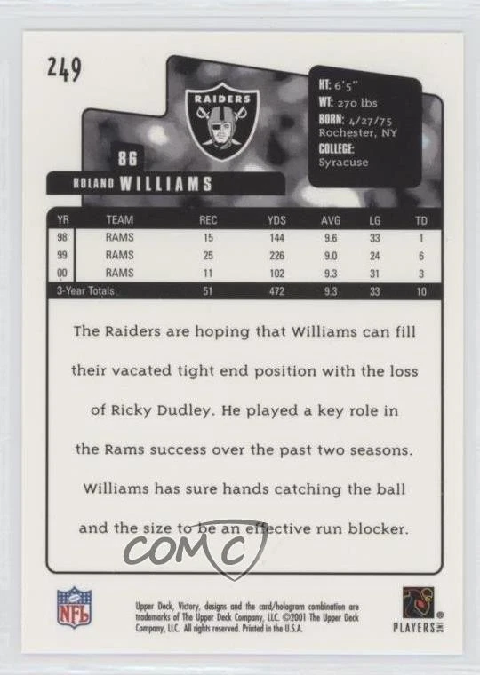 2001 Upper Deck Victory Roland Williams #249 - Image 2 of 2