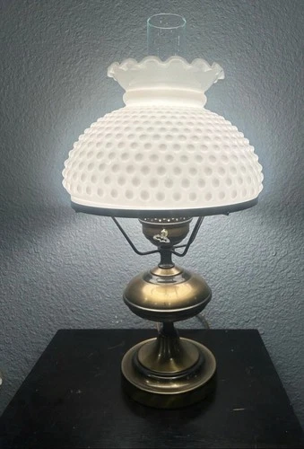 Vintage Oil Lamp With Hobnail Milk Glass shade and chimney, Electrified, 20 1/2"