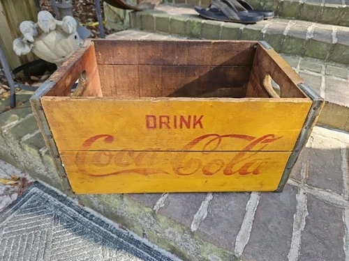 Vintage Yellow Coca-Cola Wood Crate Drink Coke Large 8.25" X 16.5" Metal Edges