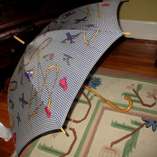 Vintage 1950s /60s Equestrian Design Nylon Umbrella Wood Construction Handle