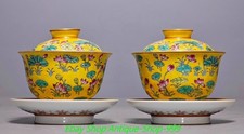 Coppia tazze da tè 3,7" Qianlong marcate smalto colore giallo porcellana motivo loto