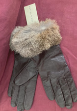 Lord  Taylor Black Fur-Cuffed Leather Gloves Sz 7 1/2--with Original Tags