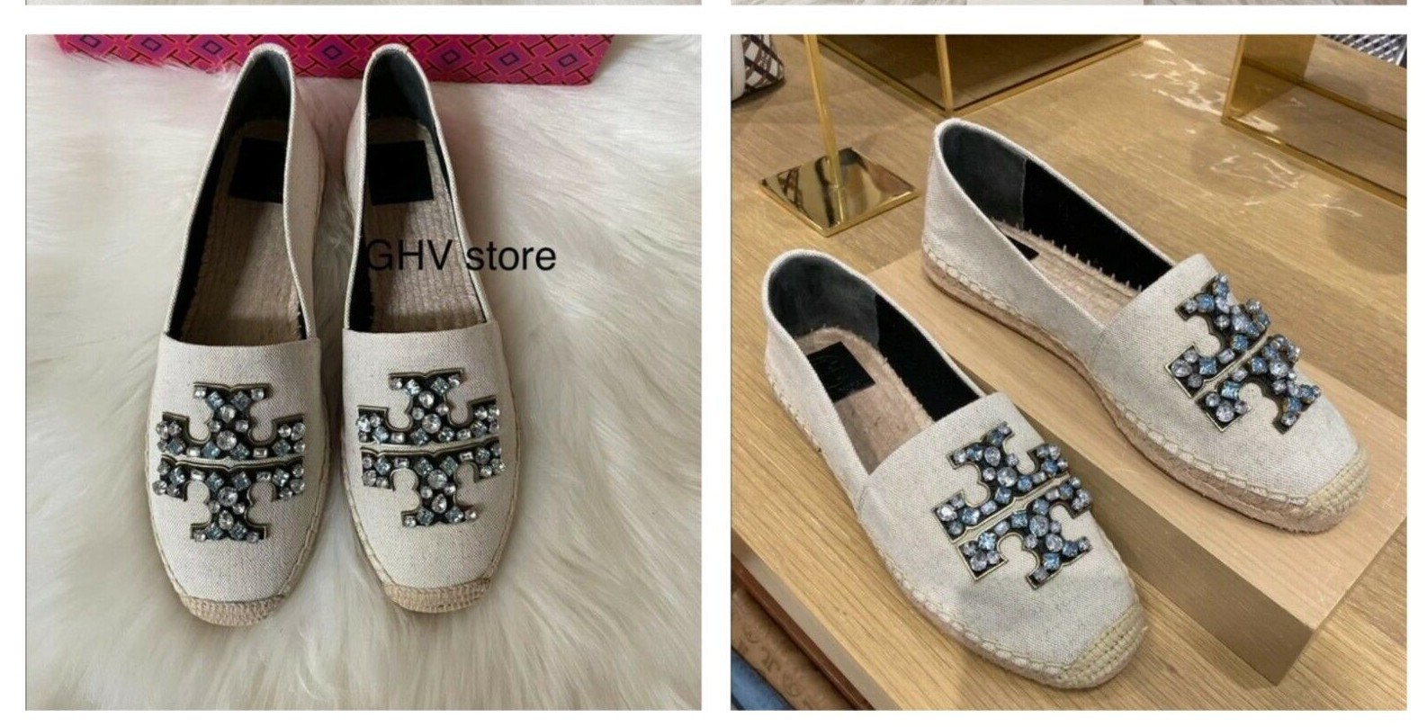 Tory Burch Pearl u0026 Embellished Logo Flat Casual Canvas Espadrille Shoe |  eBay