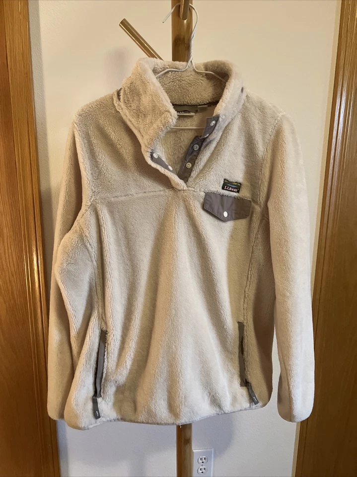 Pullover LL Bean Hi-Pile polar a presión beige para mujer M Sherpa difuso, usado.