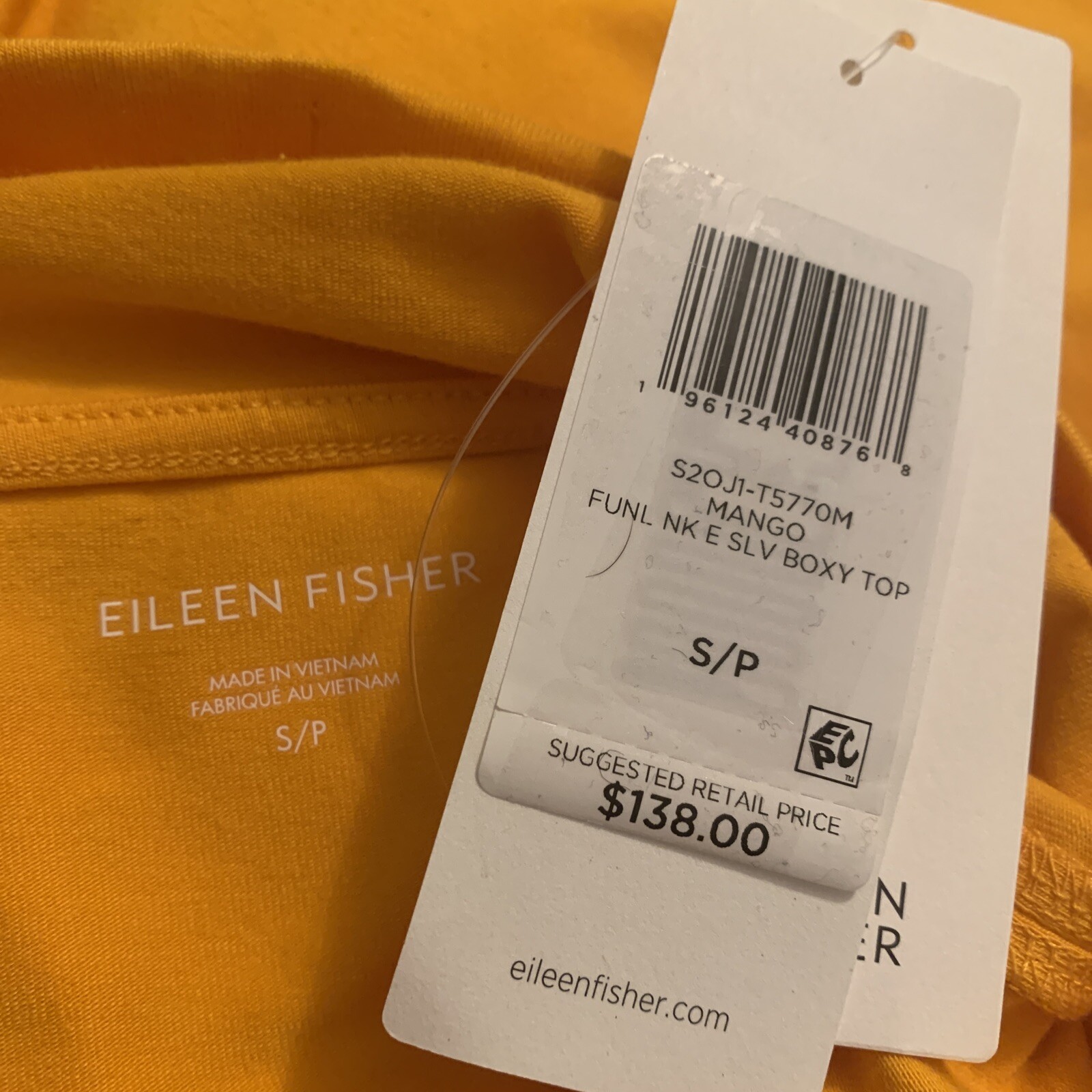 New Eileen Fisher Traceable Organic Cotton Jersey Funnel Neck Box-Top Mango Sz S image 7