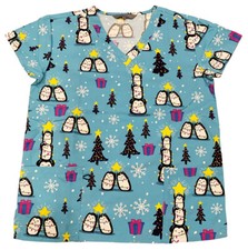 Women's Christmas Medical Scrub Tops Blue Base Penguin Christmas Tree Large