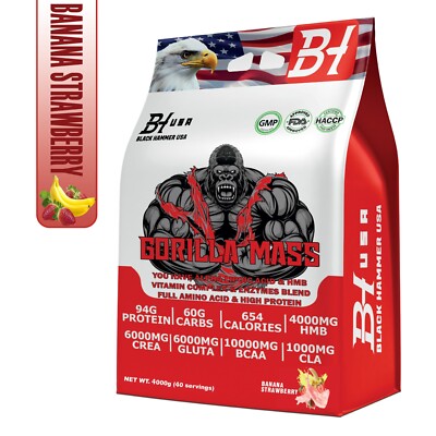   GORILLA MASS Gainer 4kg   Erdbeere &Banane   Weight Gainer-Black Hammer USA