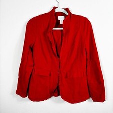 Chico s Carmine Red Ruffle Trim Ponte Blazer Jacket Stretch Pockets size S / 4
