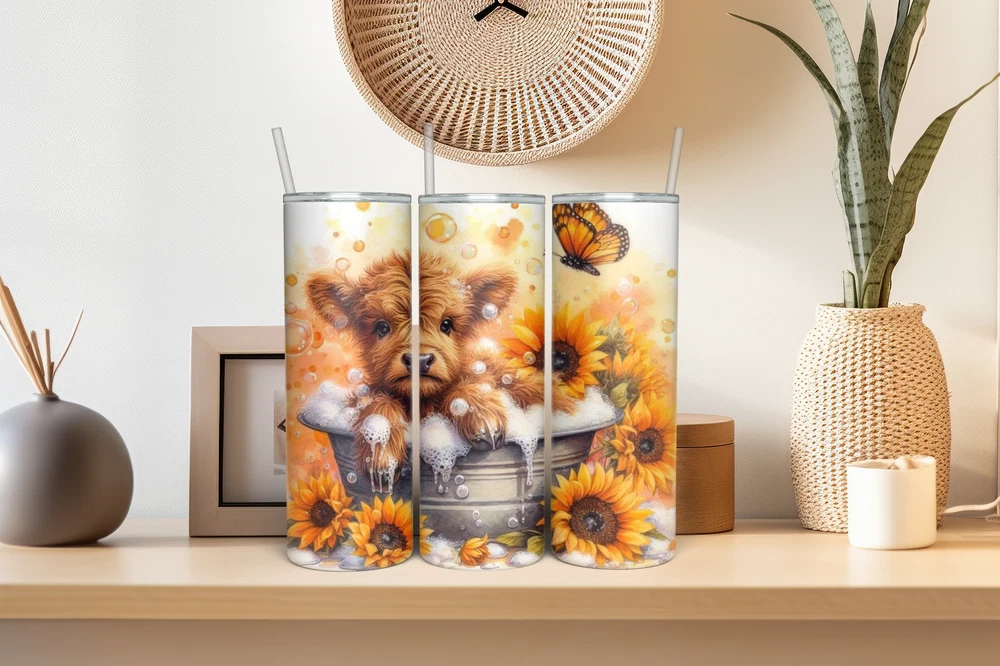 Tumbler Skinny 20oz  w/ Lid & Straw     HIGHLAND COWS !!