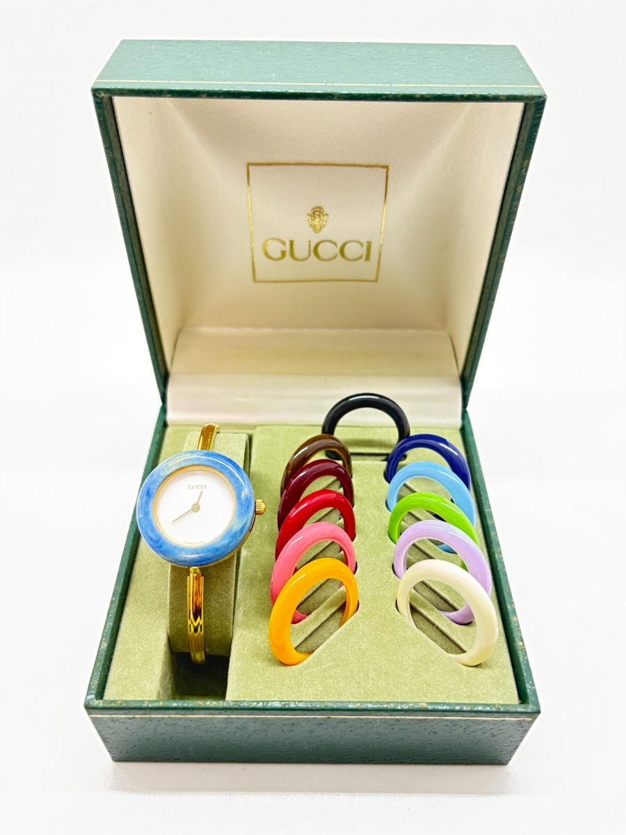 Near Mint w/Box] Gucci Change Bezel 12 Colors Gold Dial Women's