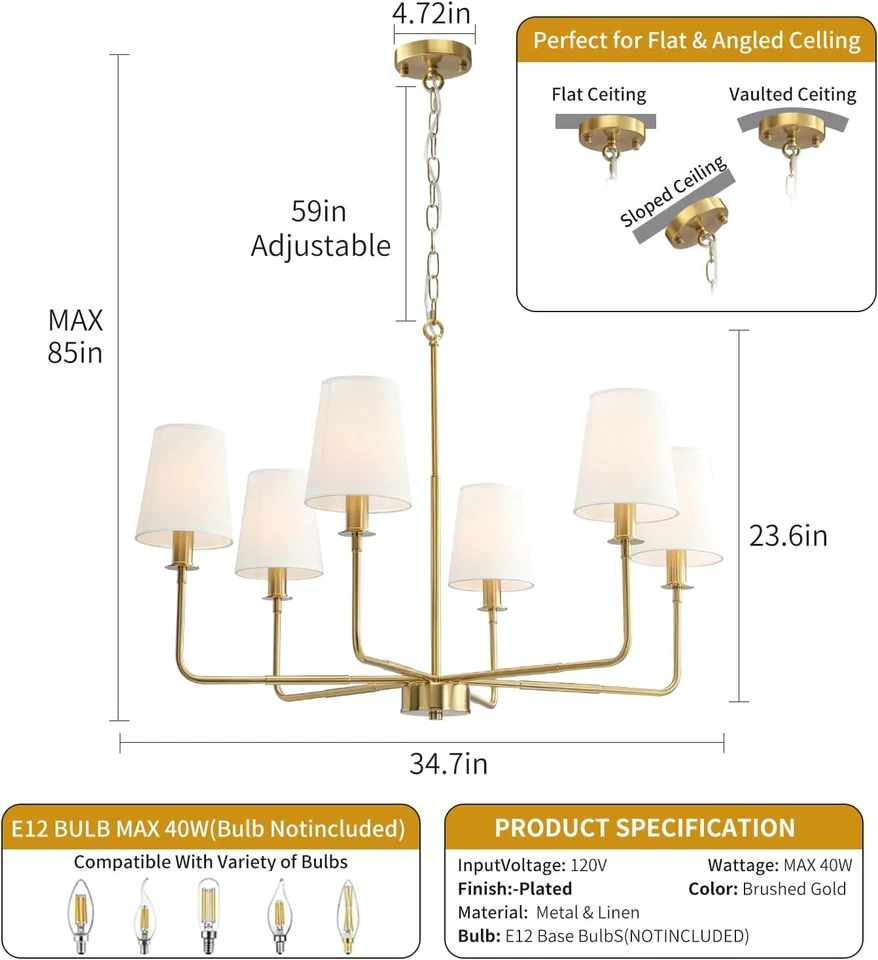 6-Light Classic Chandelier with Brushed Gold Finish & Linen Shades, E12 Base Rus - Image 3 of 4