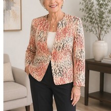 Kasper Separates Womens Pink Coral Abstract Print Stand Collar Blazer Jacket 6