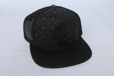CHROME HEARTS Black Lambskin Leather Cemetery Cross Patch Trucker Hat