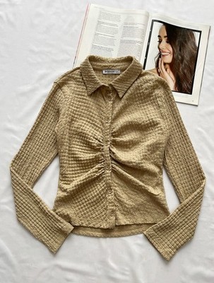 STRADIVARIUS Bluse Hemd Gr. L 30 M Beige Strukturiert Raffung Y2K Crop Top