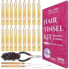 NIACONN Glitter Hair Tinsel Extensions Kit Gold with Tools and Beads, 48 Inch Sp